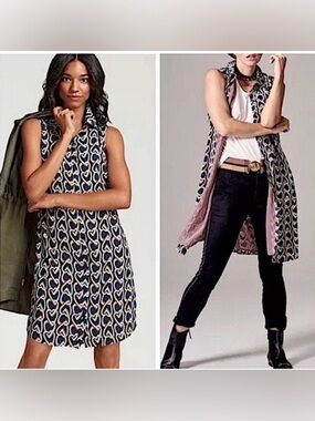 Cabi Blue Amour Heart Shirt Button Up Sleeveless Dress/Duster Size Medium
